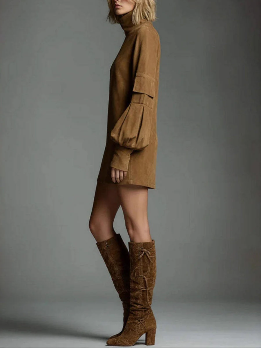Old Deerskin High-necked Long-sleeved Pocket Mini&Short Dresses - Image 4