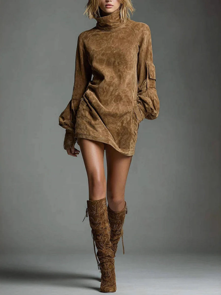 Old Deerskin High-necked Long-sleeved Pocket Mini&Short Dresses - Image 5