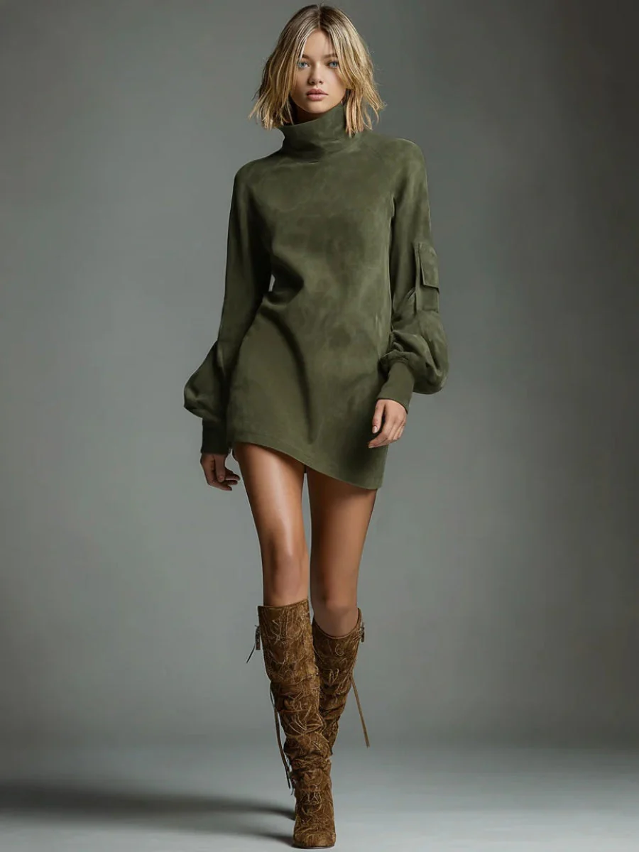 Old Deerskin High-necked Long-sleeved Pocket Mini&Short Dresses - Image 7