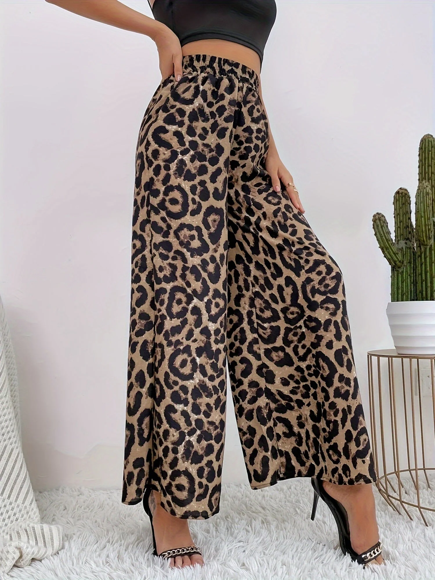 Leopard Print Elastic Waist Draped Loose Casual Wide Trousers - Image 2
