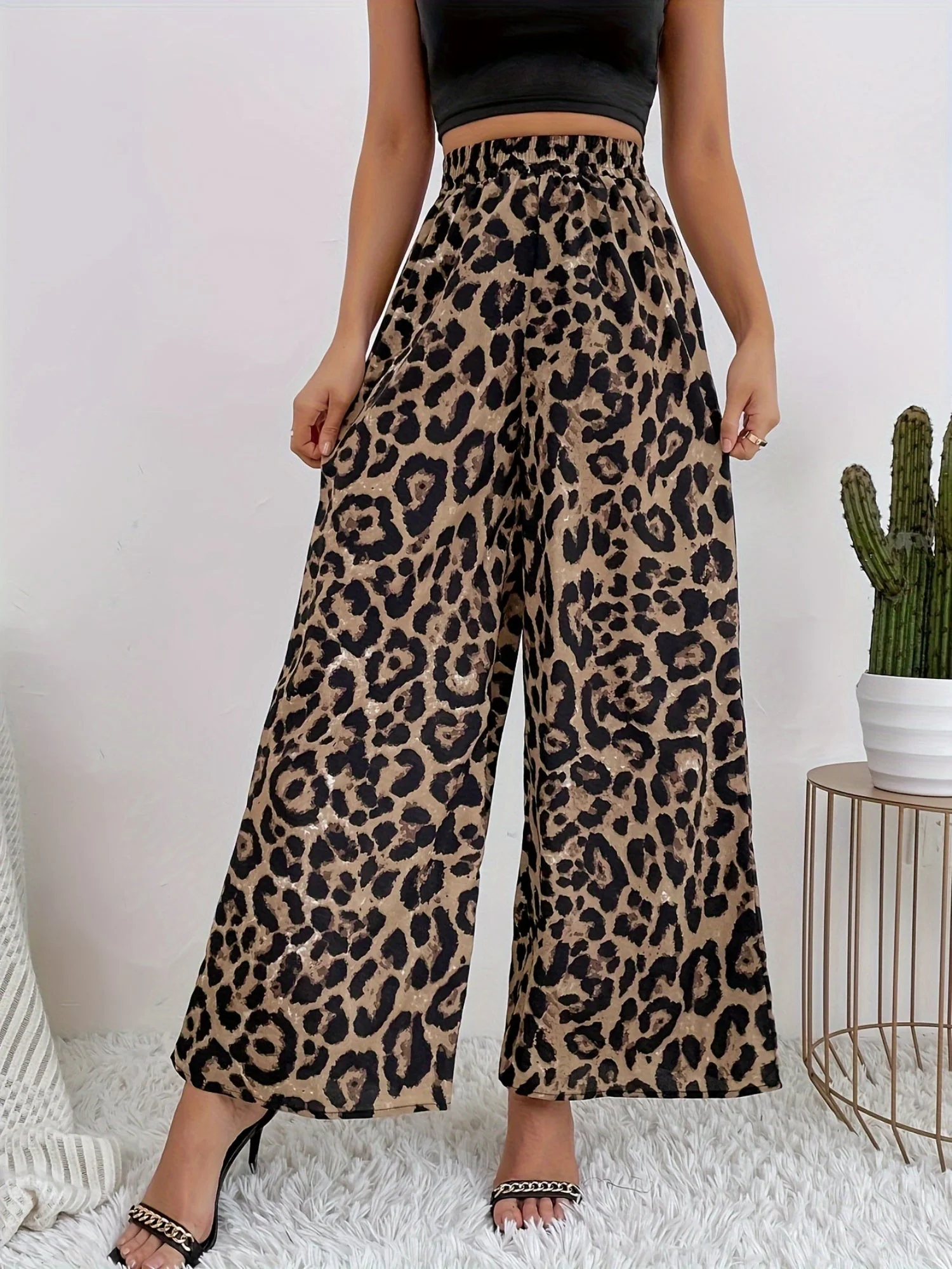 Leopard Print Elastic Waist Draped Loose Casual Wide Trousers - Image 4