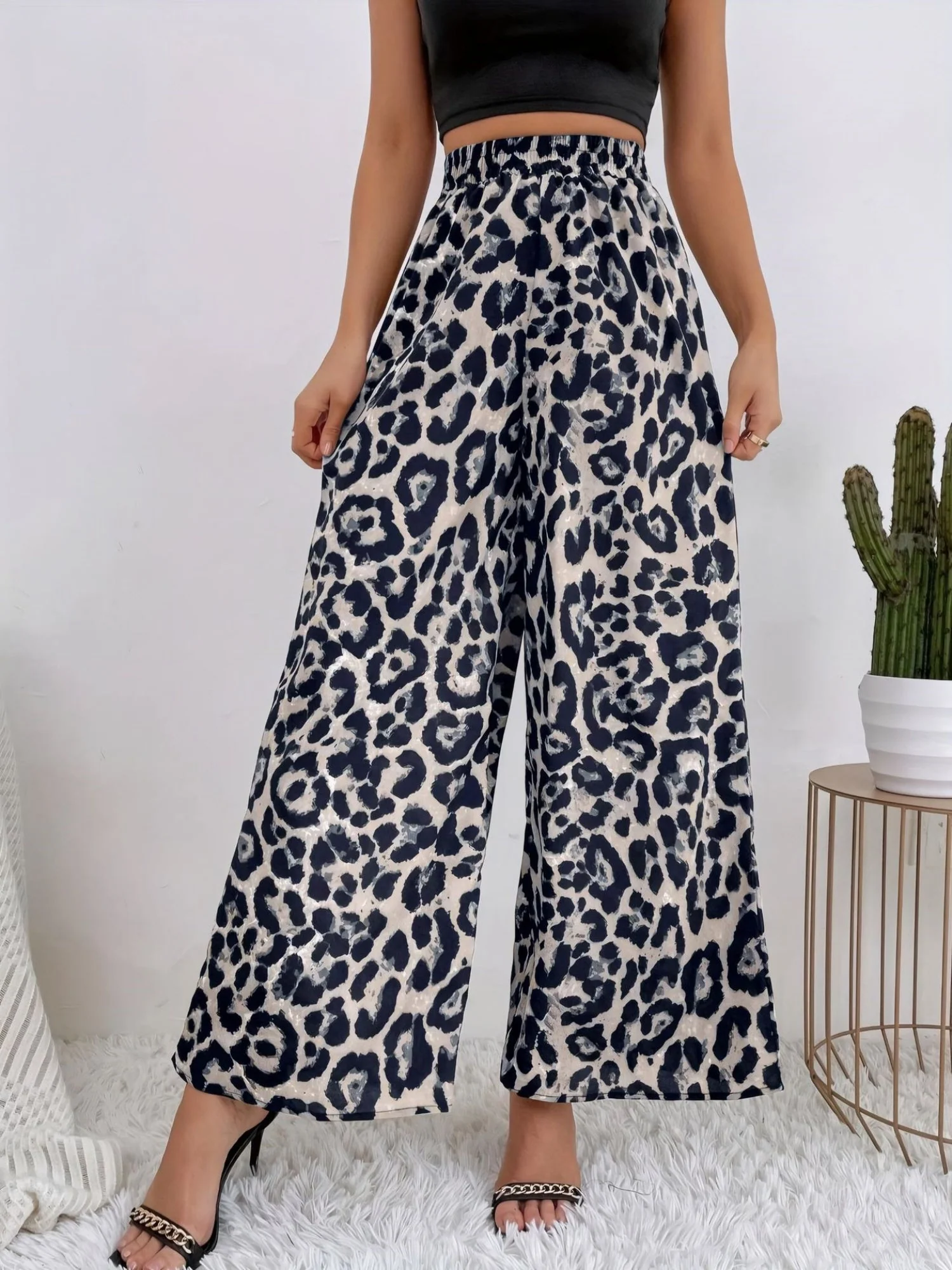Leopard Print Elastic Waist Draped Loose Casual Wide Trousers - Image 5