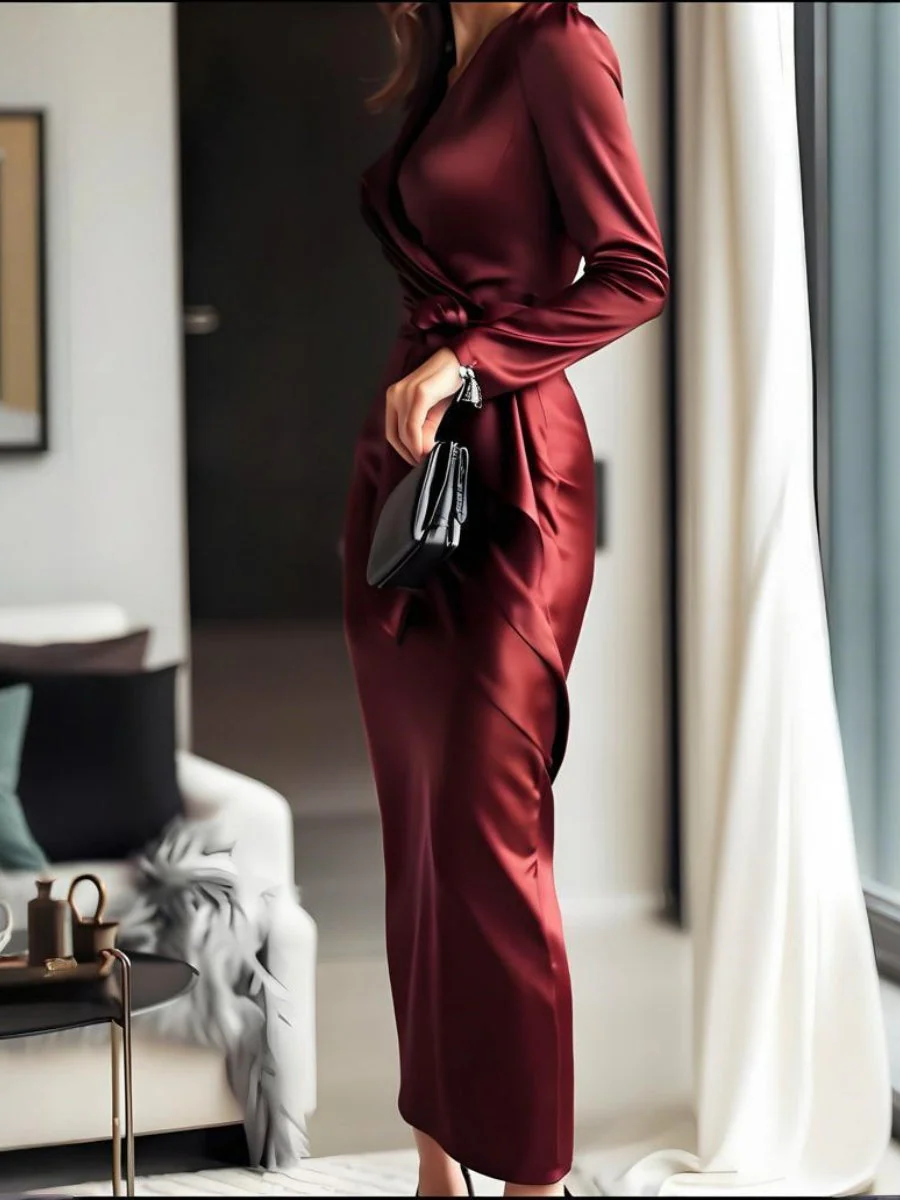Long-sleeved V-neck Wrap Style Satin Waist Cinching With Straps Elegant And Formal Evening Wear: Midi Dress - Image 3