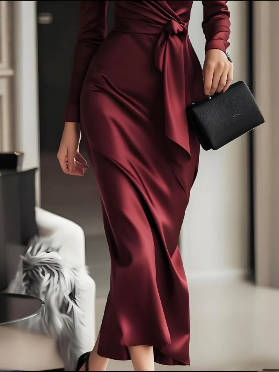 Long-sleeved V-neck Wrap Style Satin Waist Cinching With Straps Elegant And Formal Evening Wear: Midi Dress - Image 4