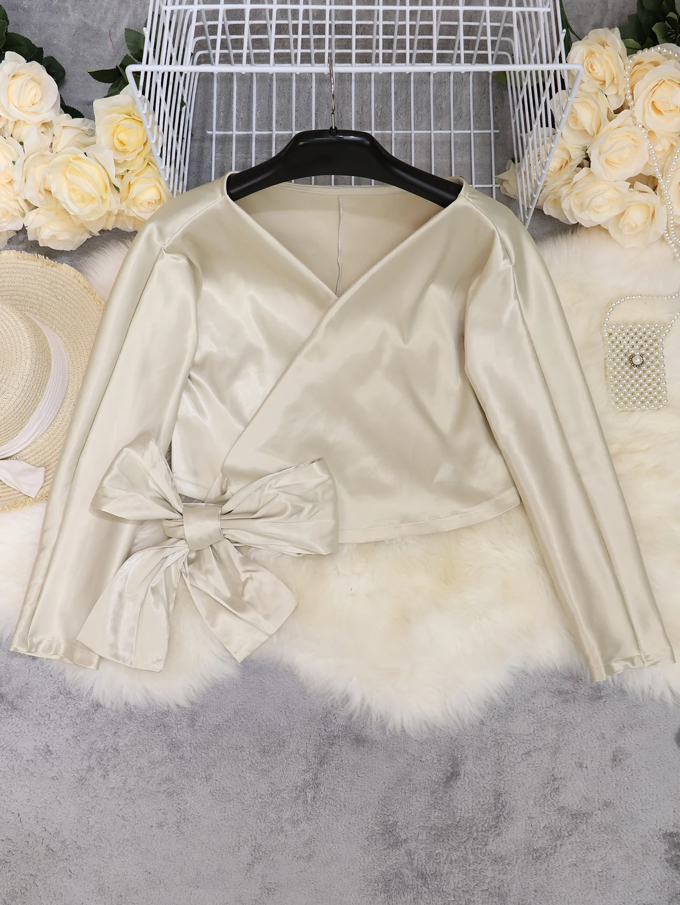 V-neck Long Sleeve Side Straps Silk Chiffon Blouse - Image 12