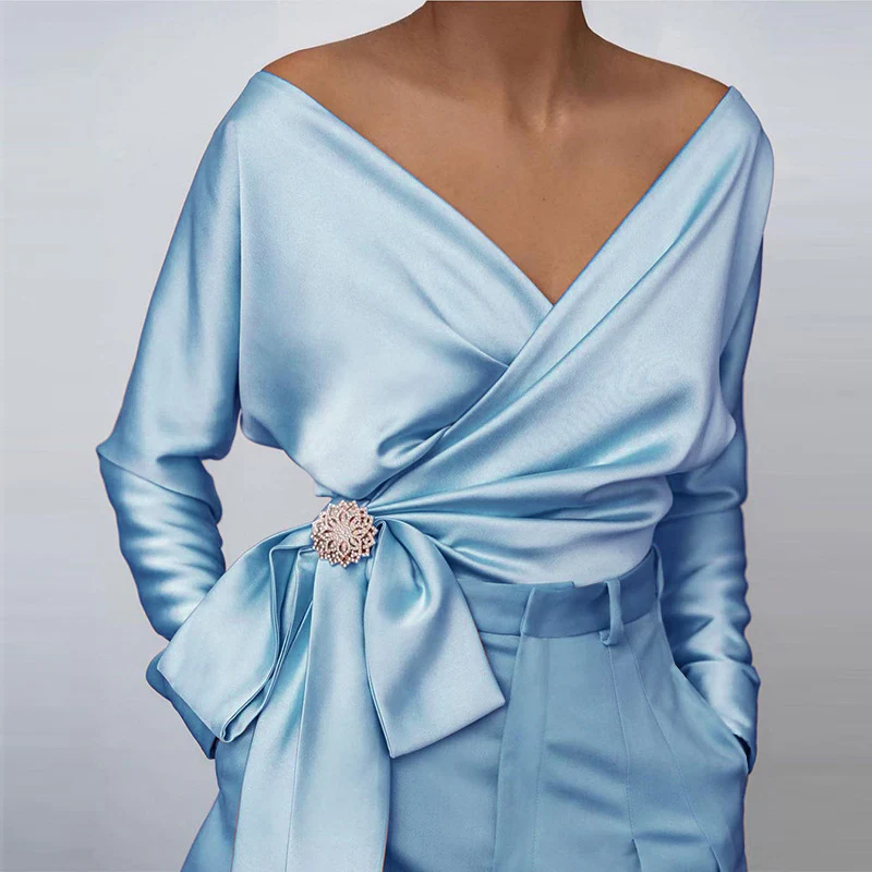 V-neck Long Sleeve Side Straps Silk Chiffon Blouse - Image 2