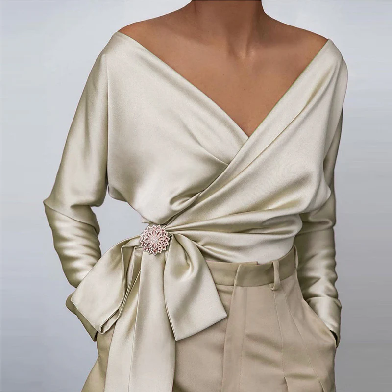 V-neck Long Sleeve Side Straps Silk Chiffon Blouse - Image 3