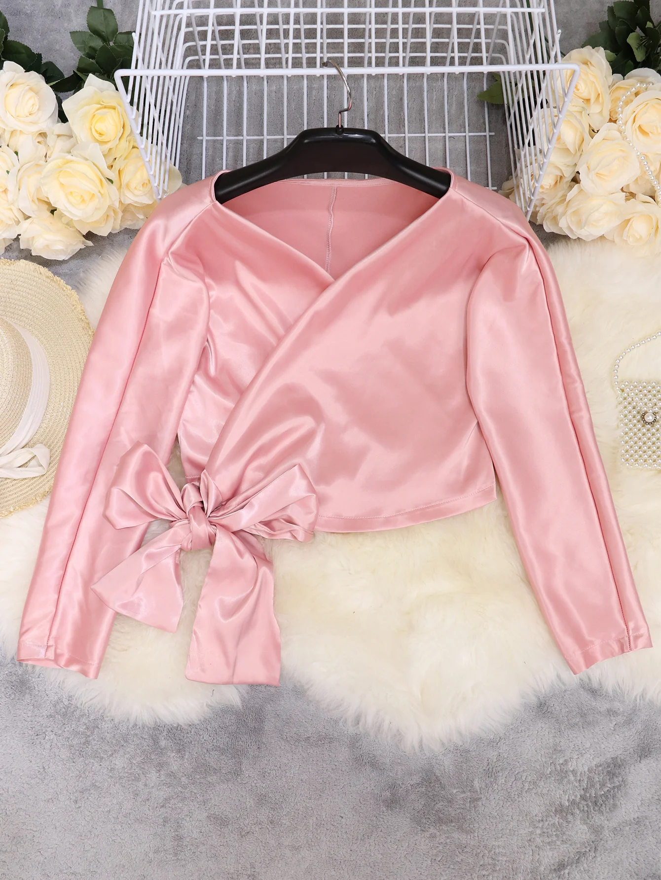 V-neck Long Sleeve Side Straps Silk Chiffon Blouse - Image 4
