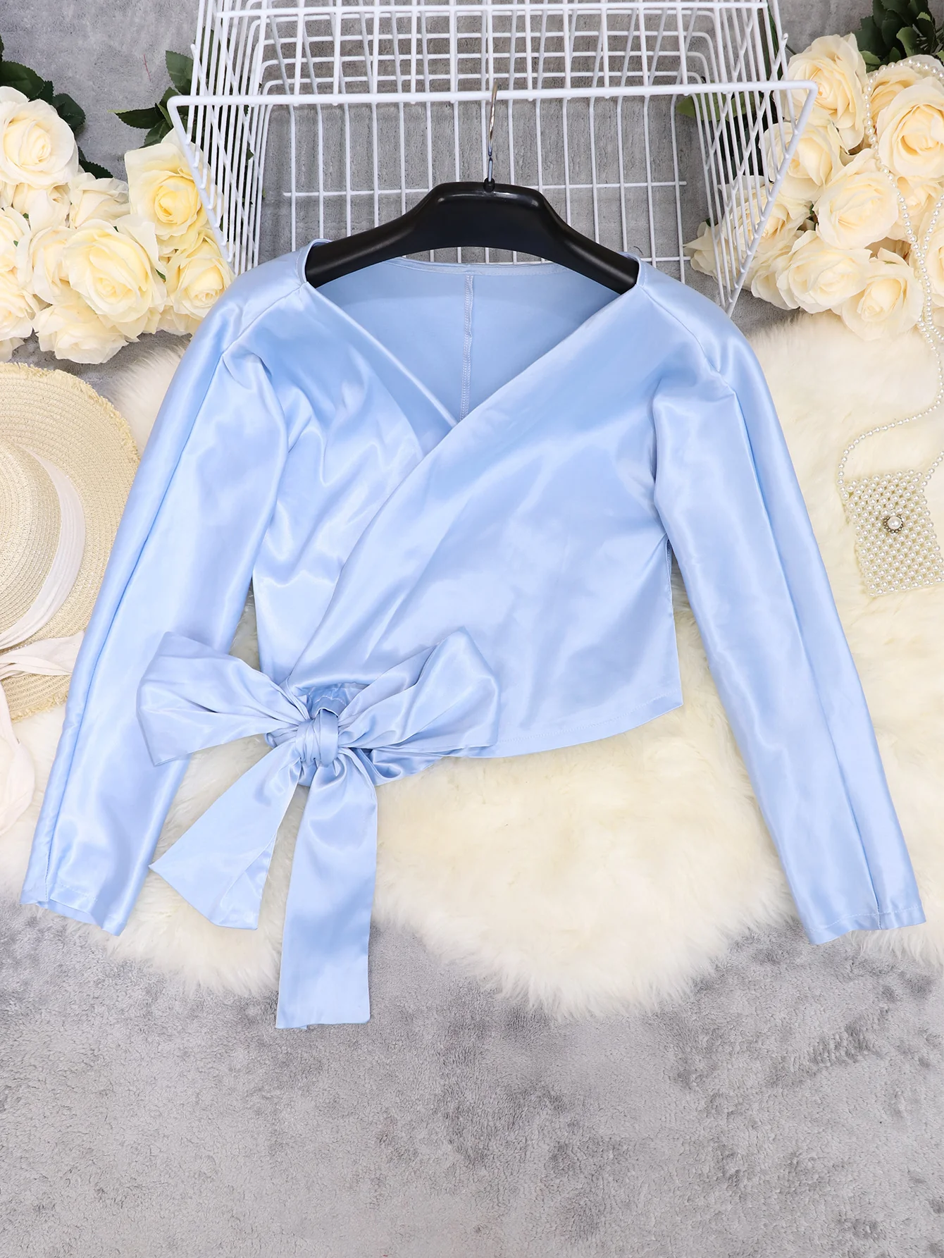 V-neck Long Sleeve Side Straps Silk Chiffon Blouse - Image 8