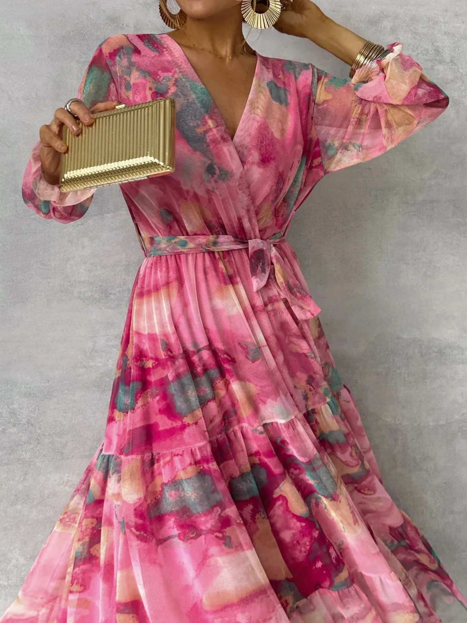 Printed Chiffon V-neck Tie Detail Long Dress With A Full Skirt