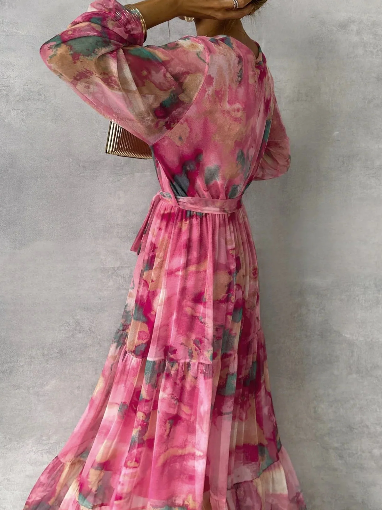 Printed Chiffon V-neck Tie Detail Long Dress With A Full Skirt - Image 2