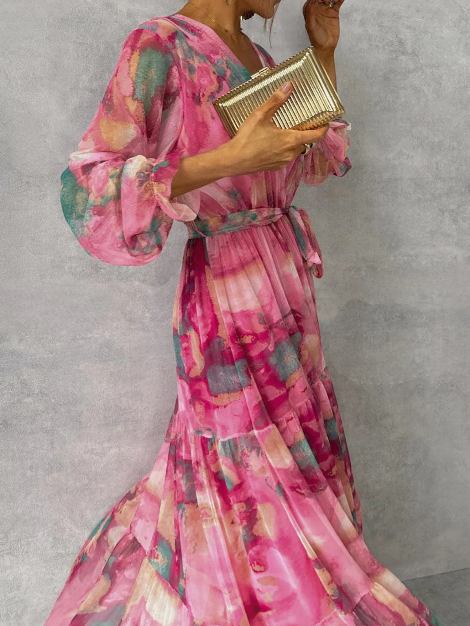 Printed Chiffon V-neck Tie Detail Long Dress With A Full Skirt - Image 3