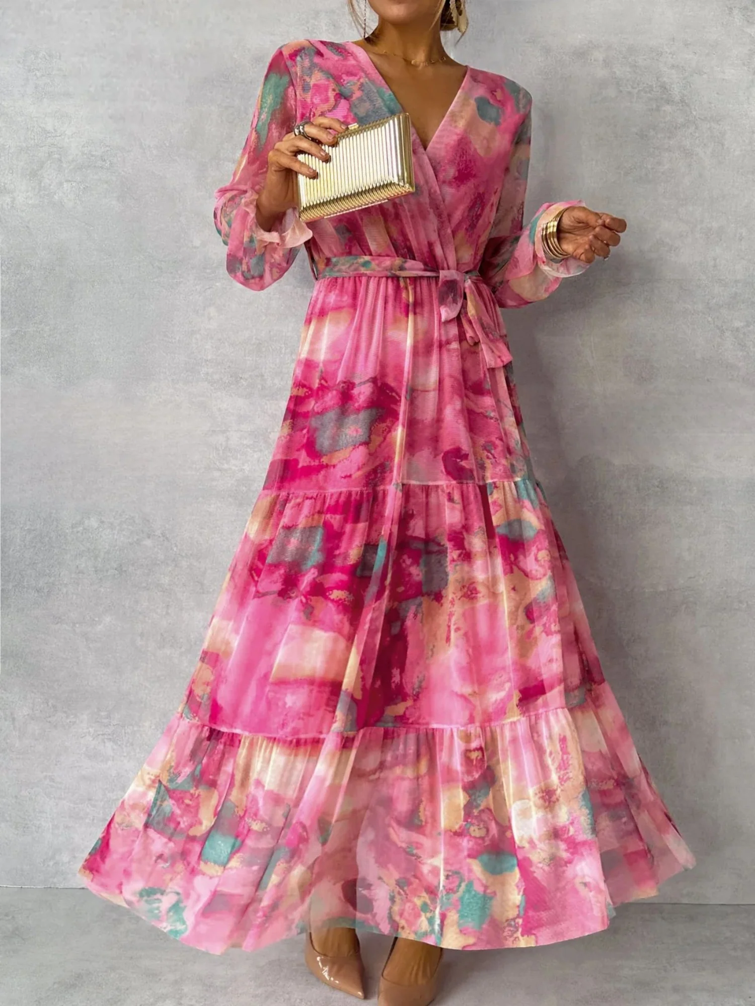 Printed Chiffon V-neck Tie Detail Long Dress With A Full Skirt - Image 4