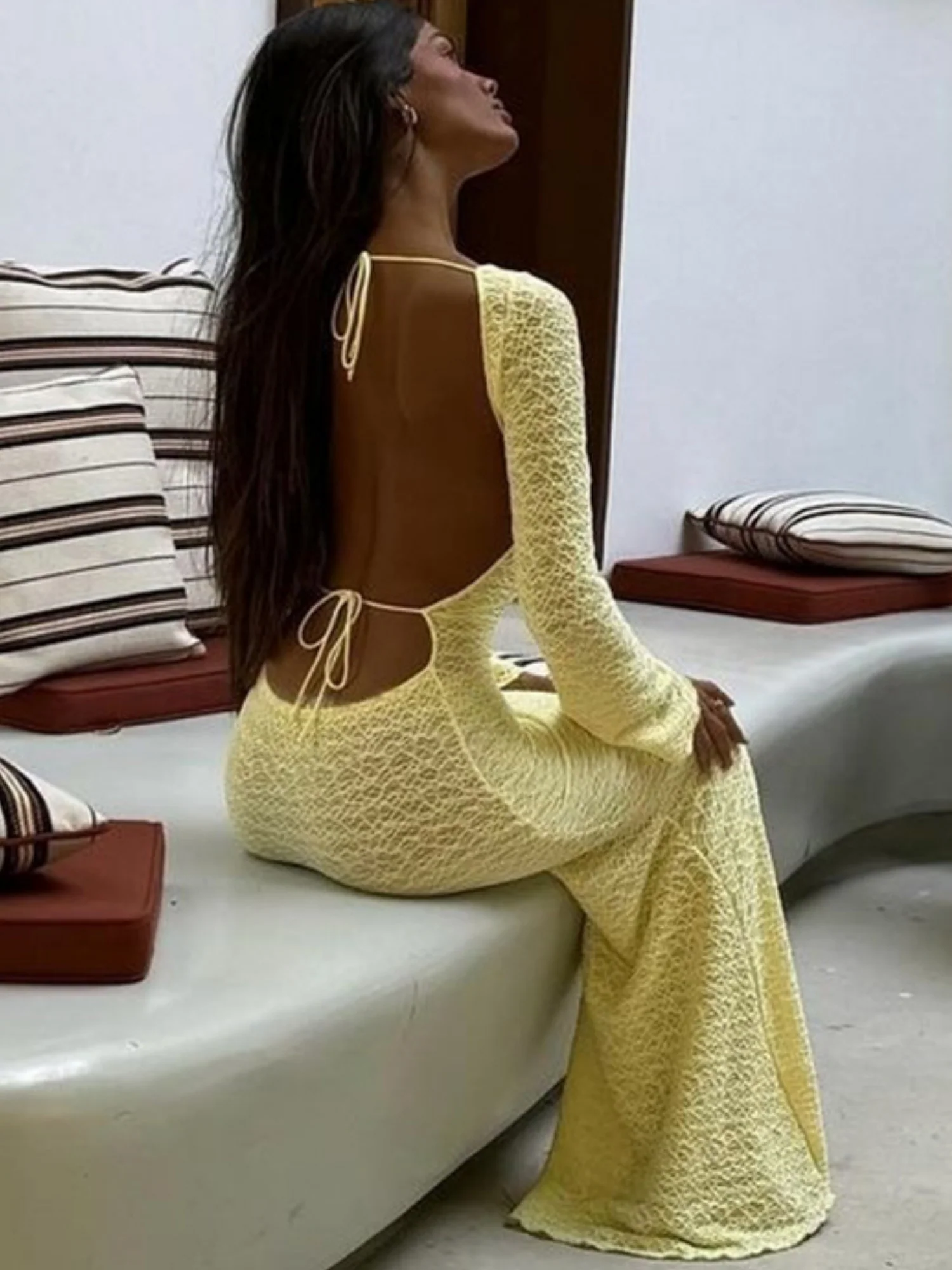 Backless Tie Crew Neck Flare Sleeve Maxi Dresses - Image 2