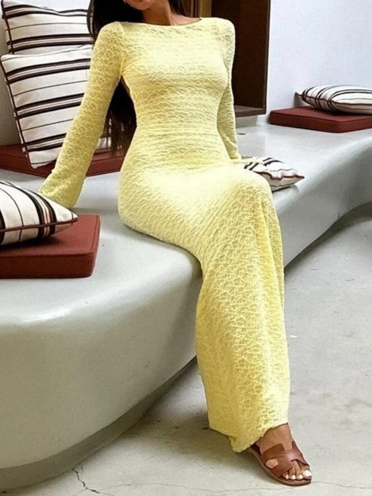 Backless Tie Crew Neck Flare Sleeve Maxi Dresses - Image 4