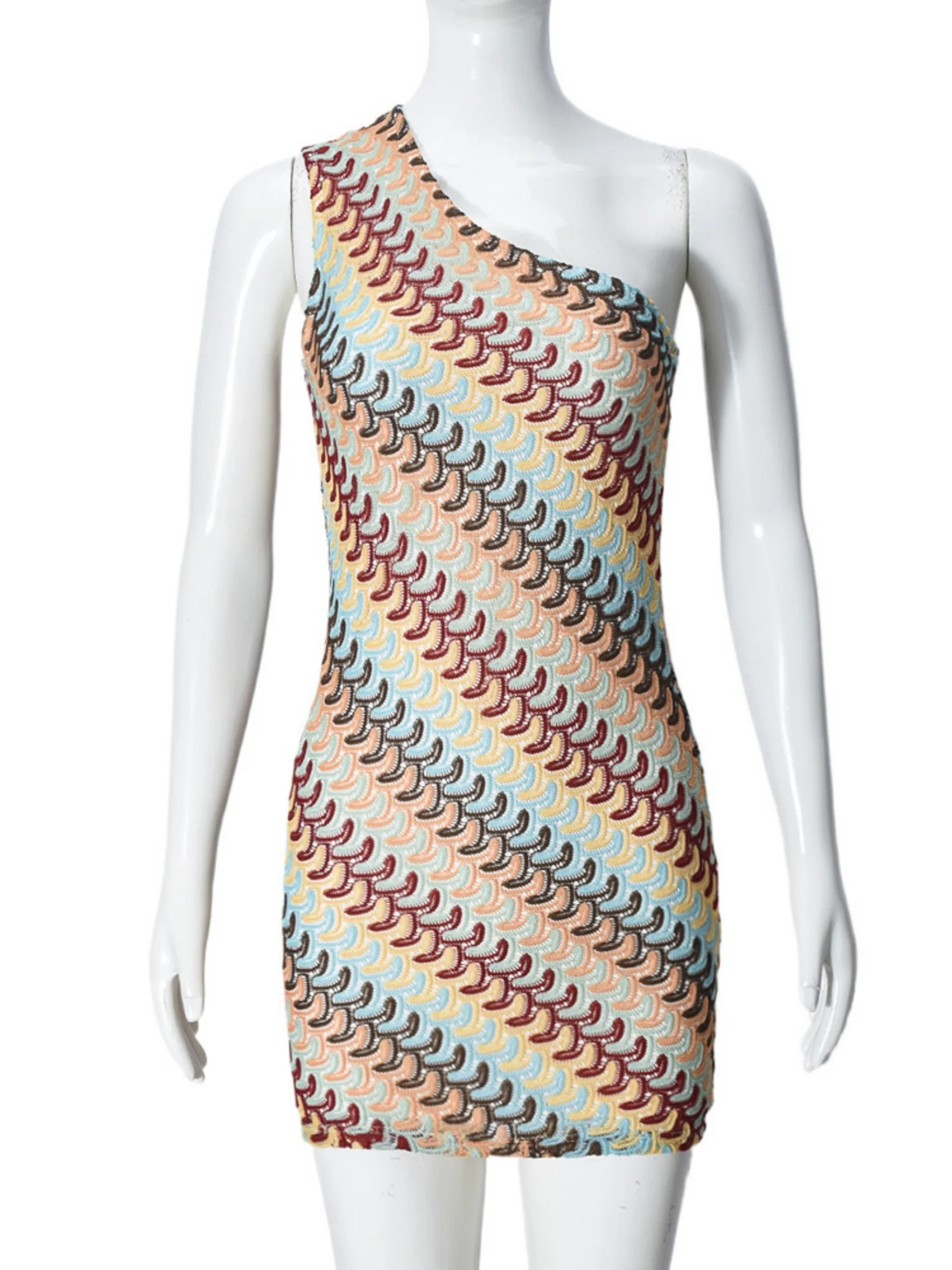 Striped Color Blocking Asymmetrical Neckline And Sleeveless Mini&Short Dresses - Image 7