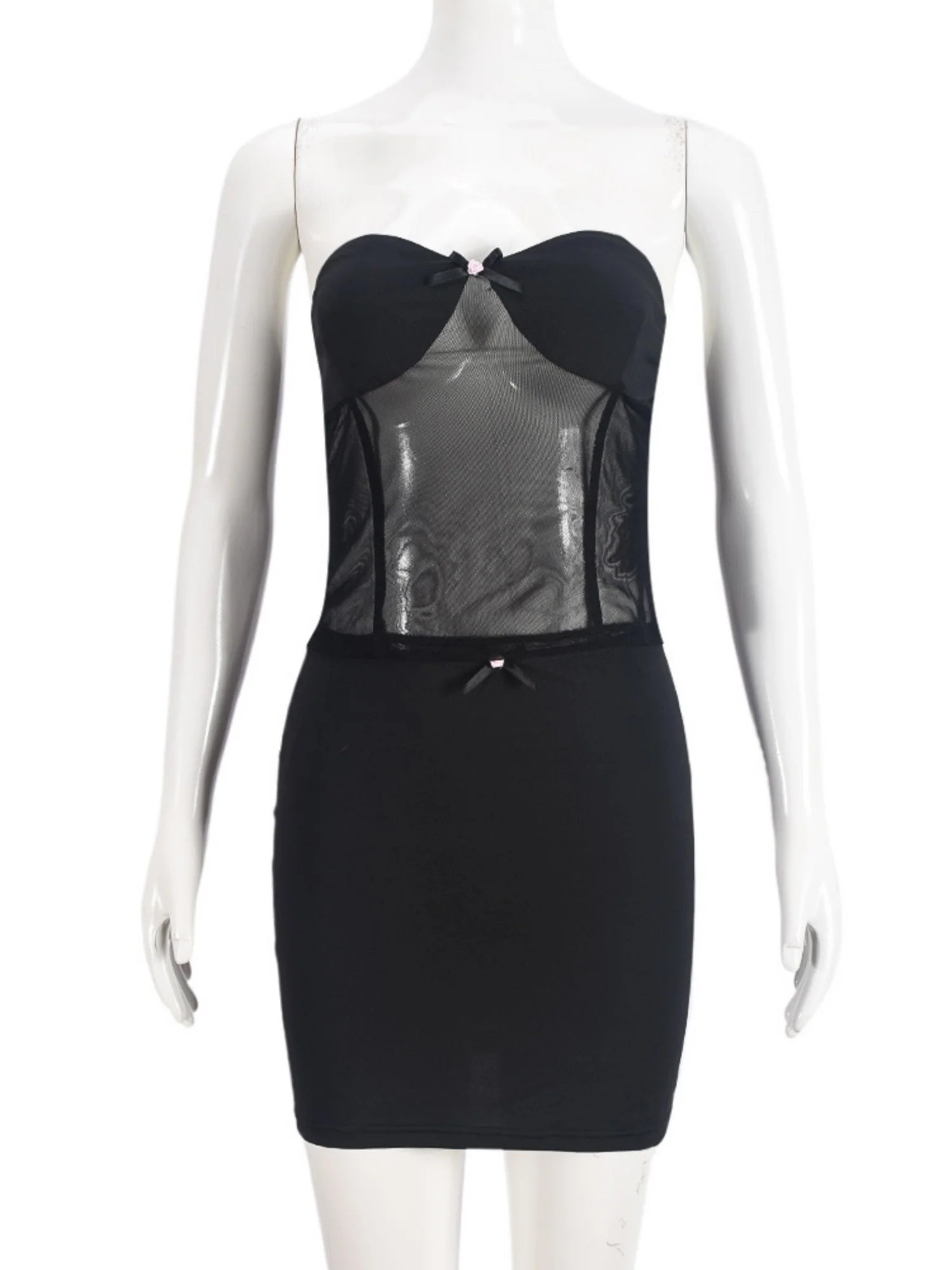 Mesh See-through Bow Strapless Mini Skirt 2-piece Sets - Image 3