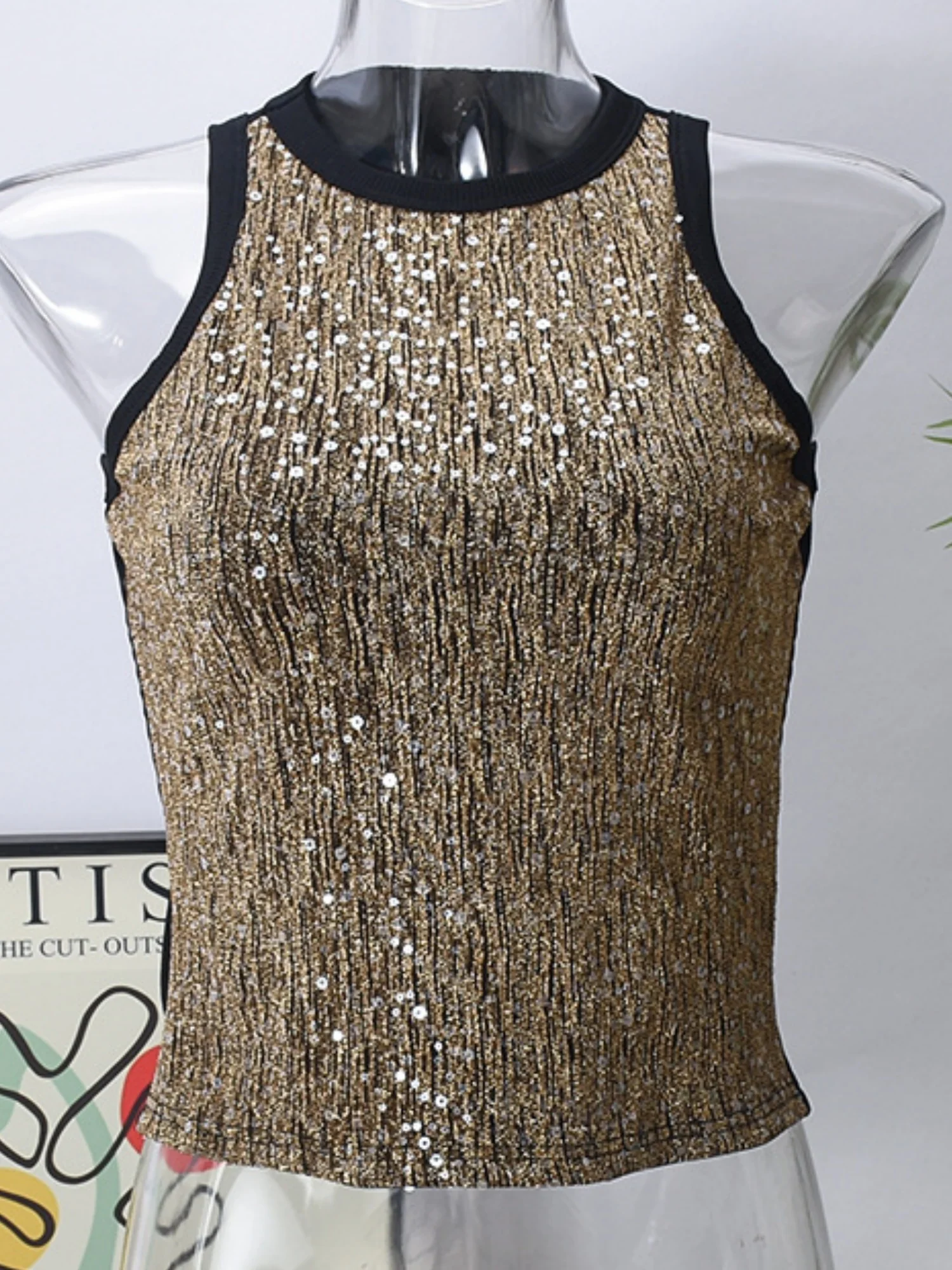Sequined Leopard Print Color-blocked Crop Top Elastic Vest - Image 12