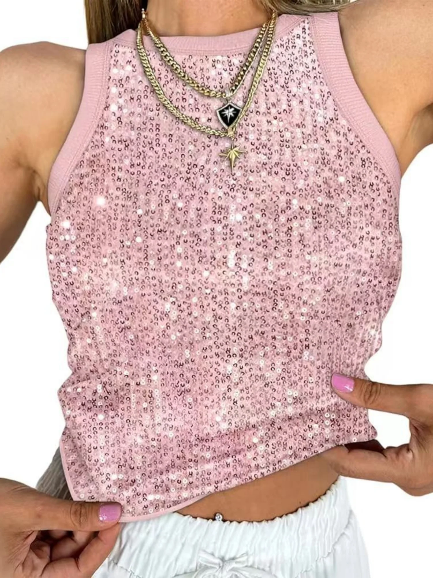 Sequined Leopard Print Color-blocked Crop Top Elastic Vest - Image 7