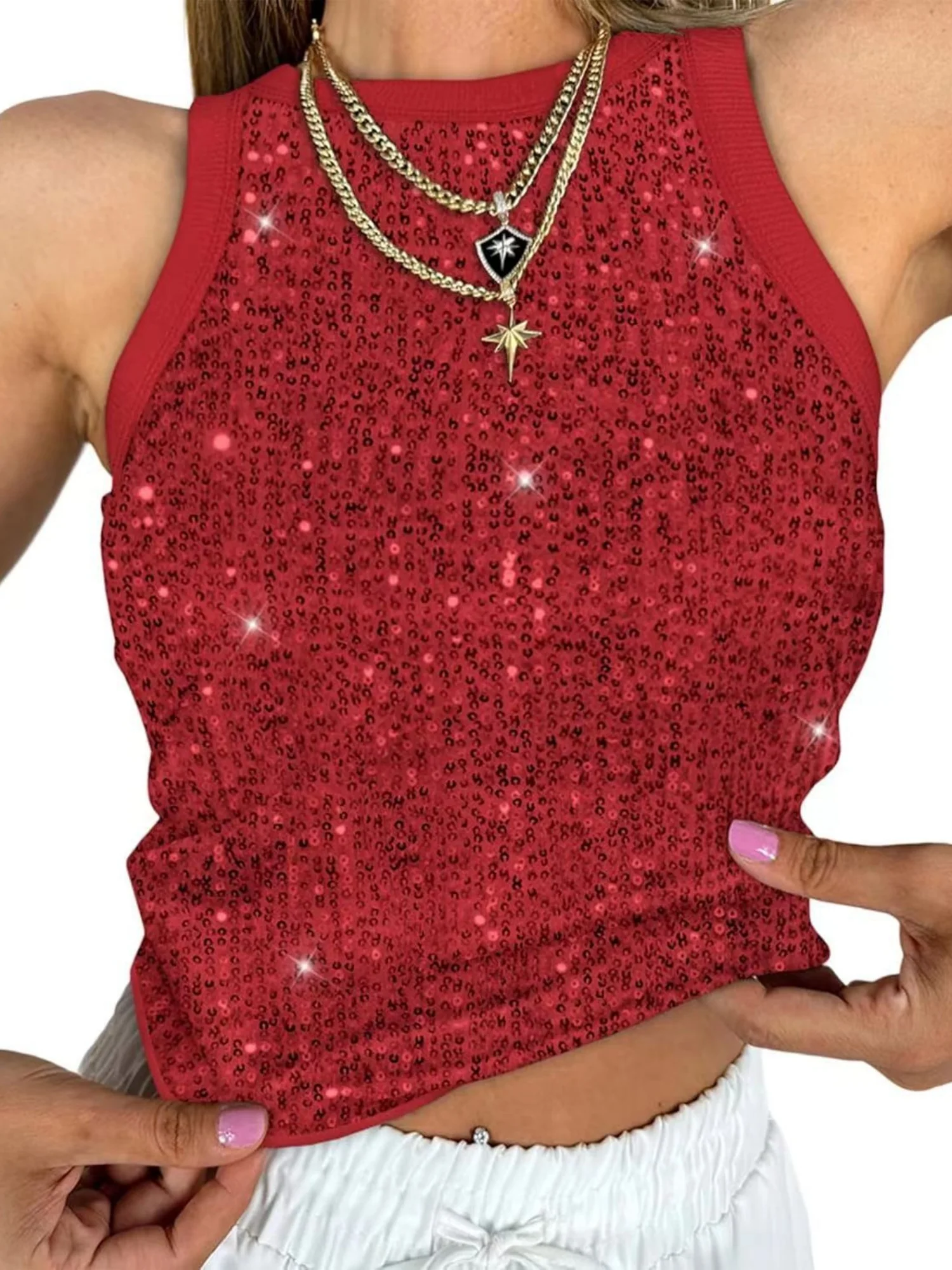 Sequined Leopard Print Color-blocked Crop Top Elastic Vest - Image 8