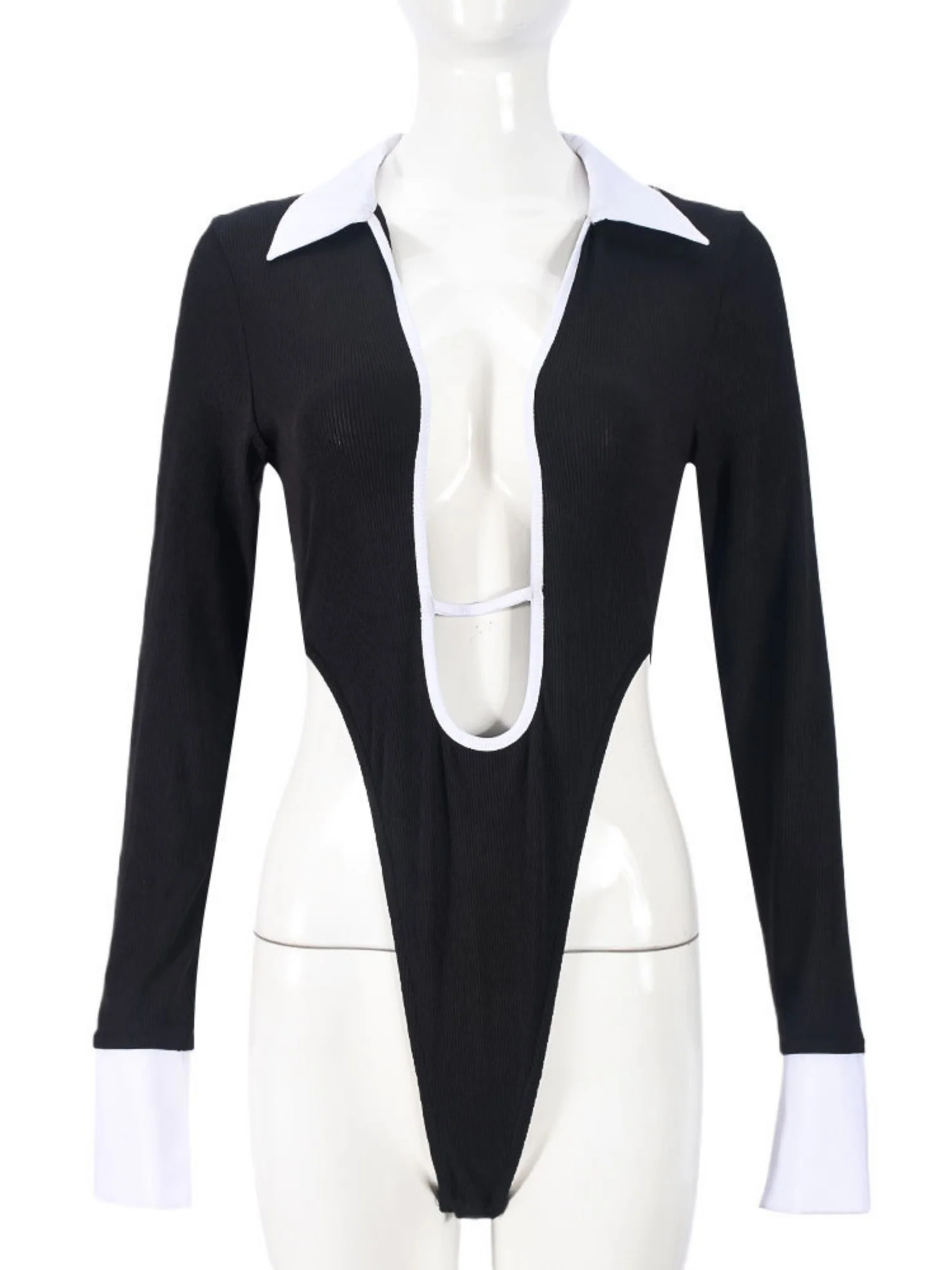 Hollow Out Crotch POLO Collar Color-blocked High Elasticity Jumpsuits&Bodysuits - Image 4