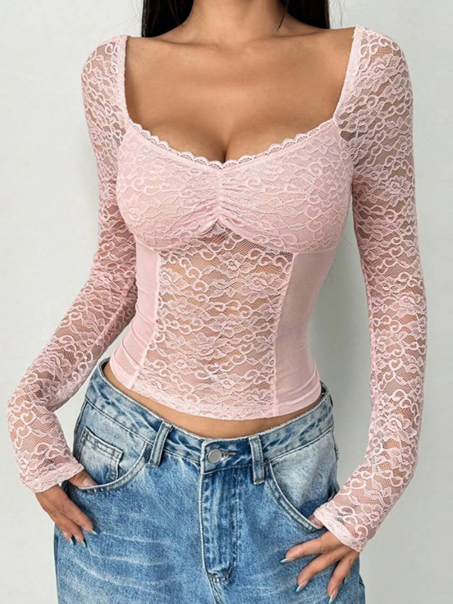 Lace See-through V-neck Sexy Spliced Long Sleeve Tops - Image 6