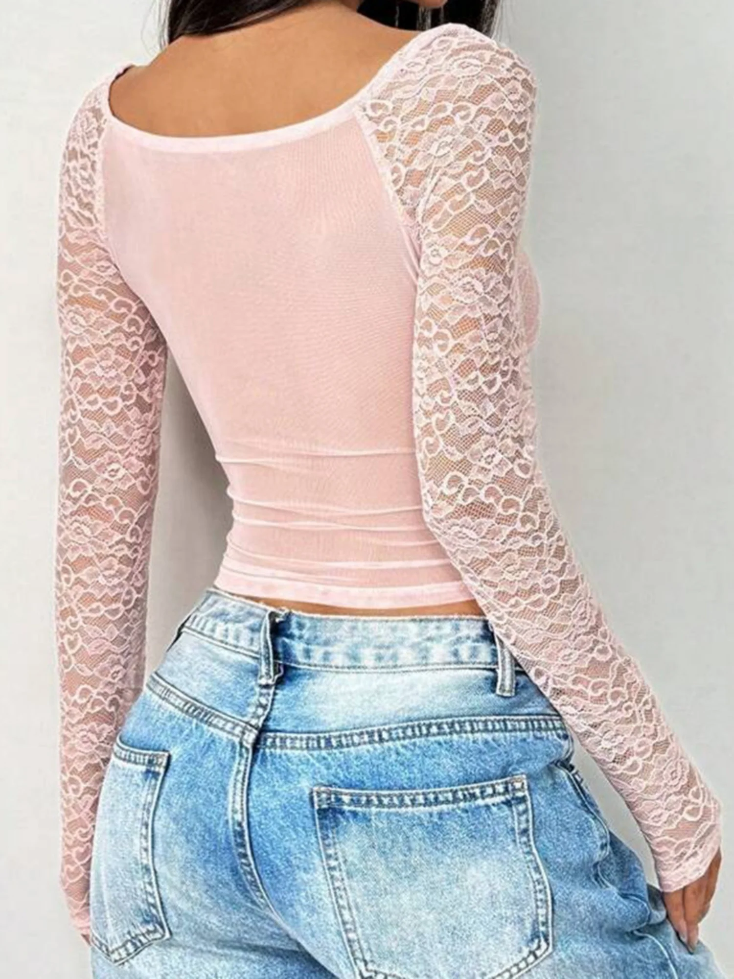 Lace See-through V-neck Sexy Spliced Long Sleeve Tops - Image 7