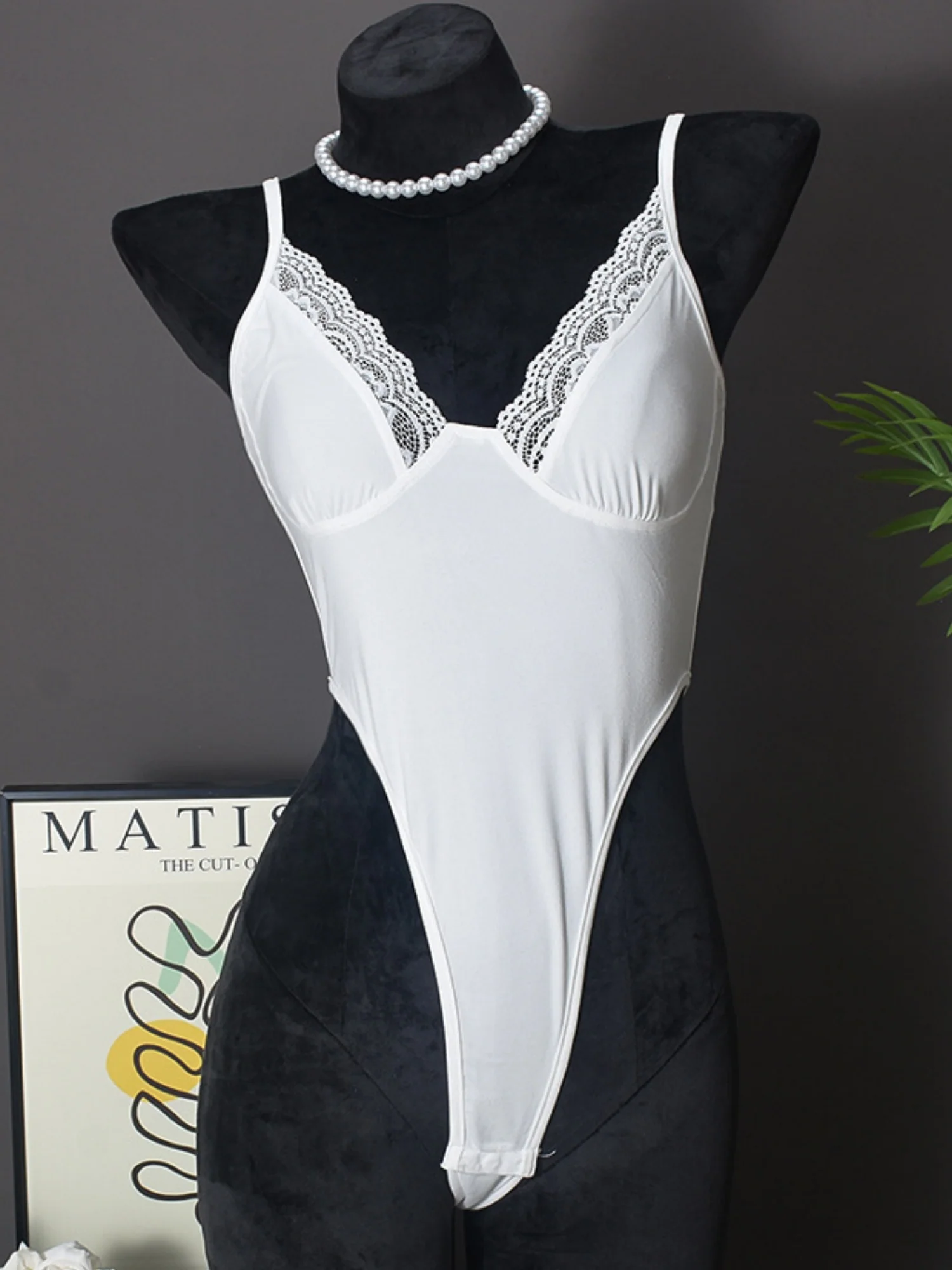 Lace Trim High Elasticity In Crotch Hollow-out High Waist Bodysuits - Image 3
