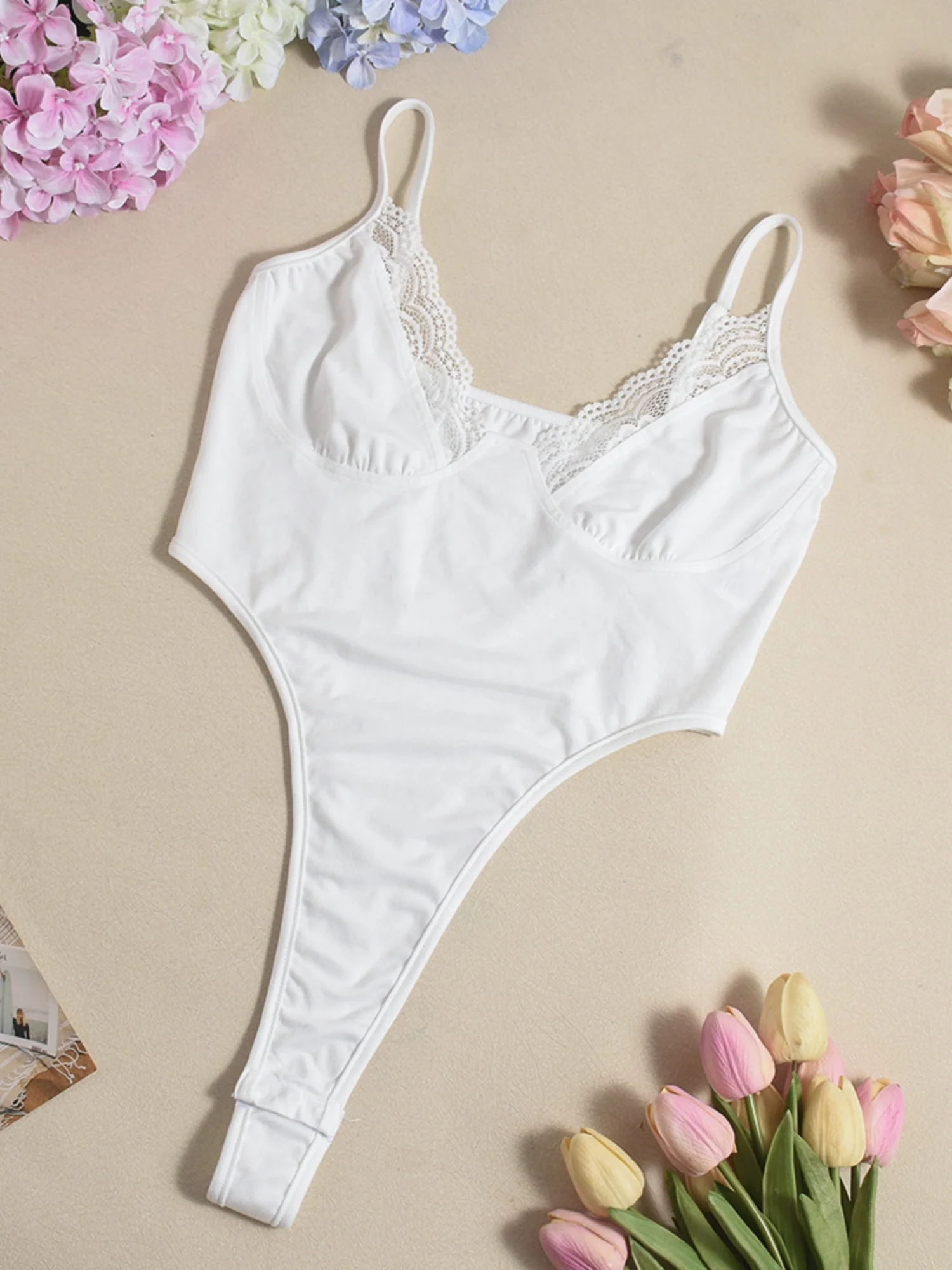 Lace Trim High Elasticity In Crotch Hollow-out High Waist Bodysuits - Image 4