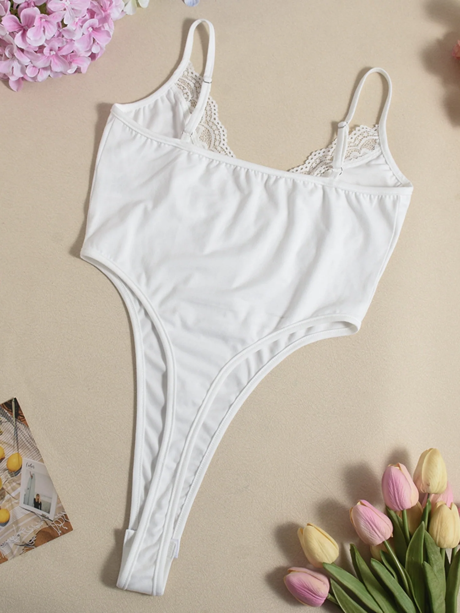 Lace Trim High Elasticity In Crotch Hollow-out High Waist Bodysuits - Image 5