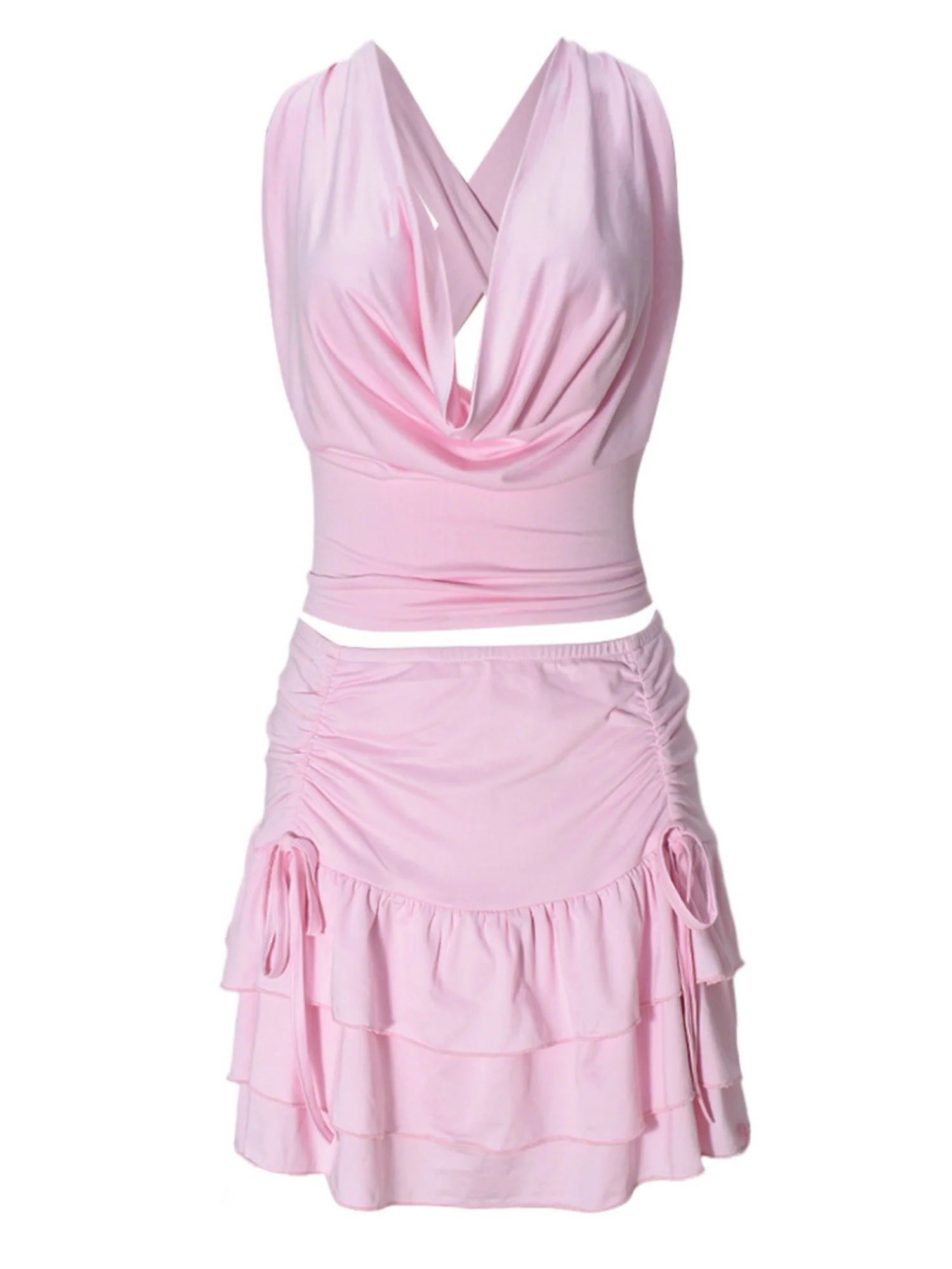 Drape-neck Top Ruffled Mini Skirt 2-piece Sets - Image 4