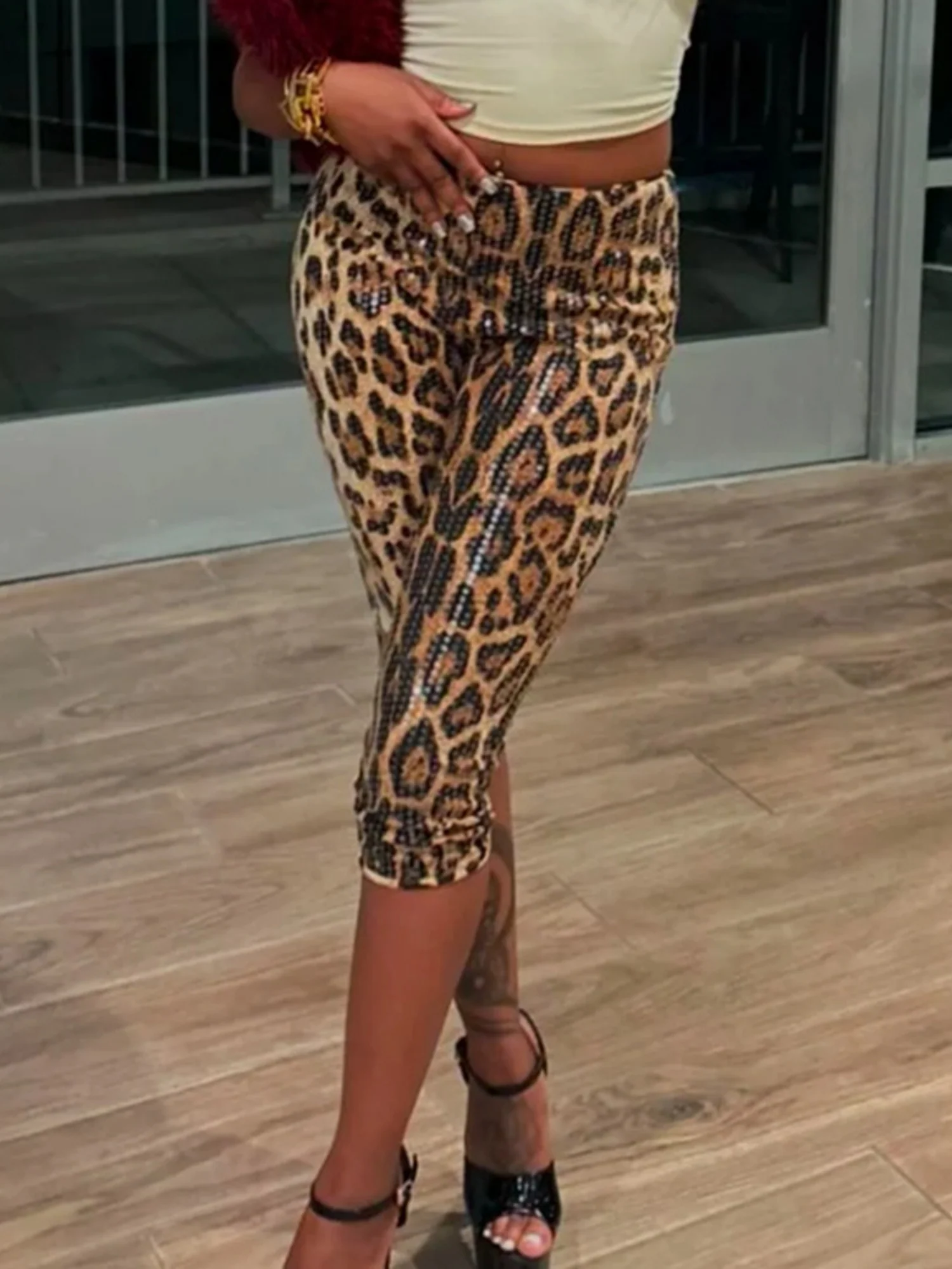 Sequined Leopard Print Stretch Pants