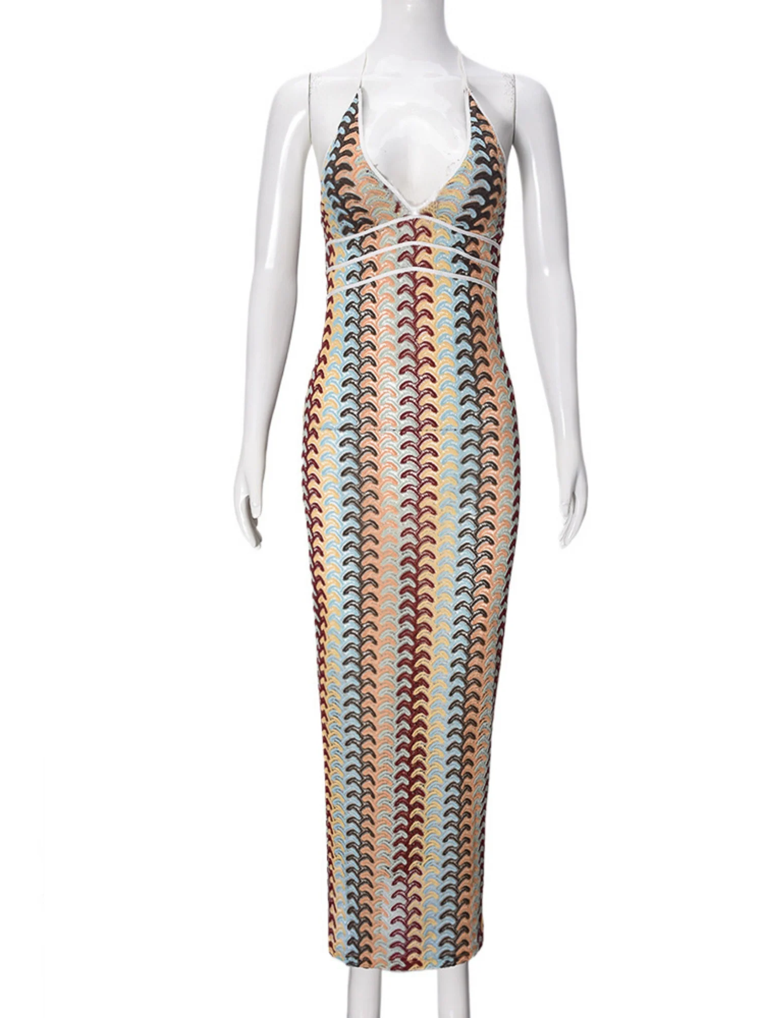 Striped Color Blocking Halter V-neck Maxi Dresses - Image 4