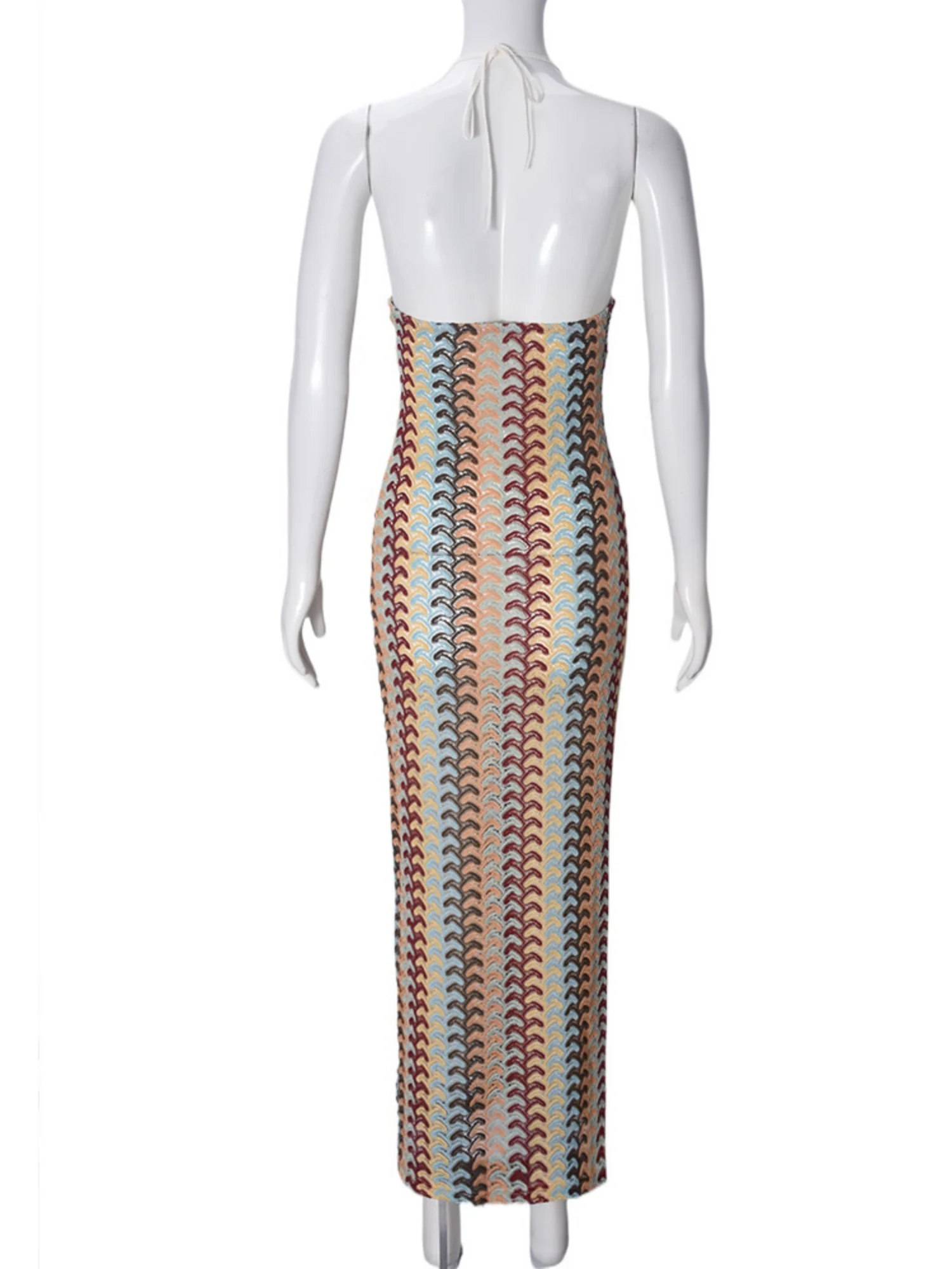Striped Color Blocking Halter V-neck Maxi Dresses - Image 5
