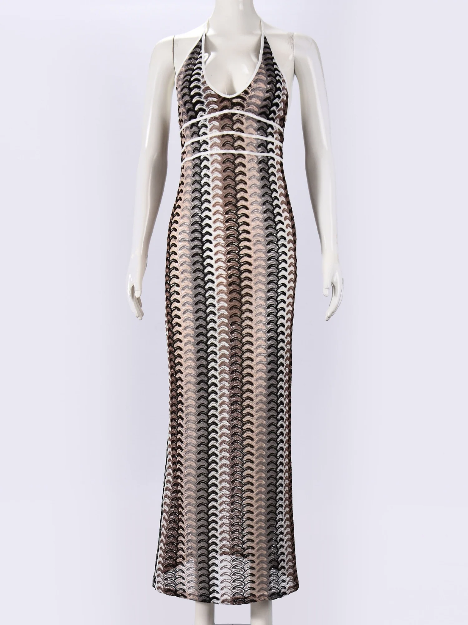 Striped Color Blocking Halter V-neck Maxi Dresses - Image 6