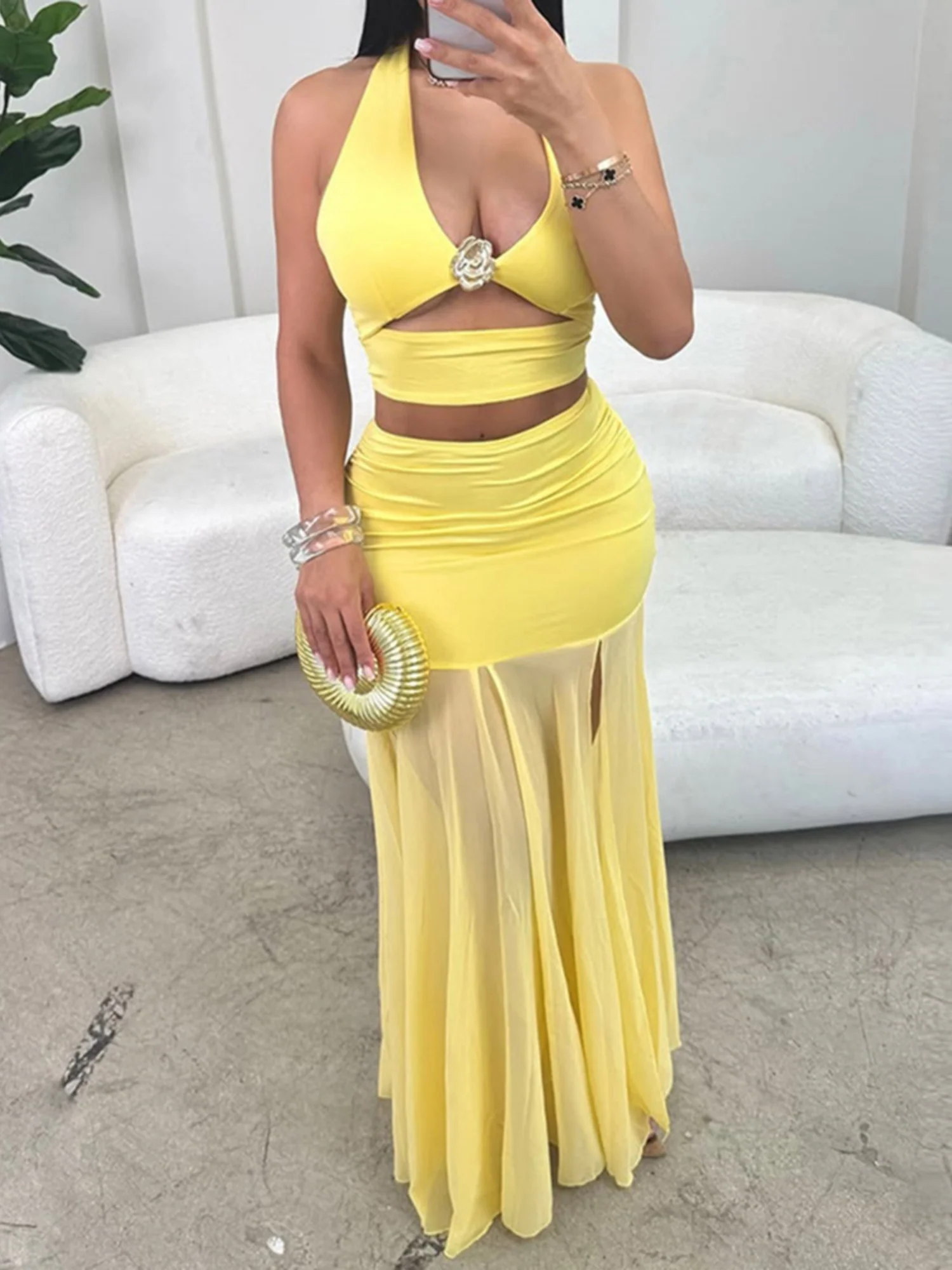 Hollow Out Metal Flowers Halter Top Mesh Splicing Bodycon Skirt 2-piece Sets - Image 2