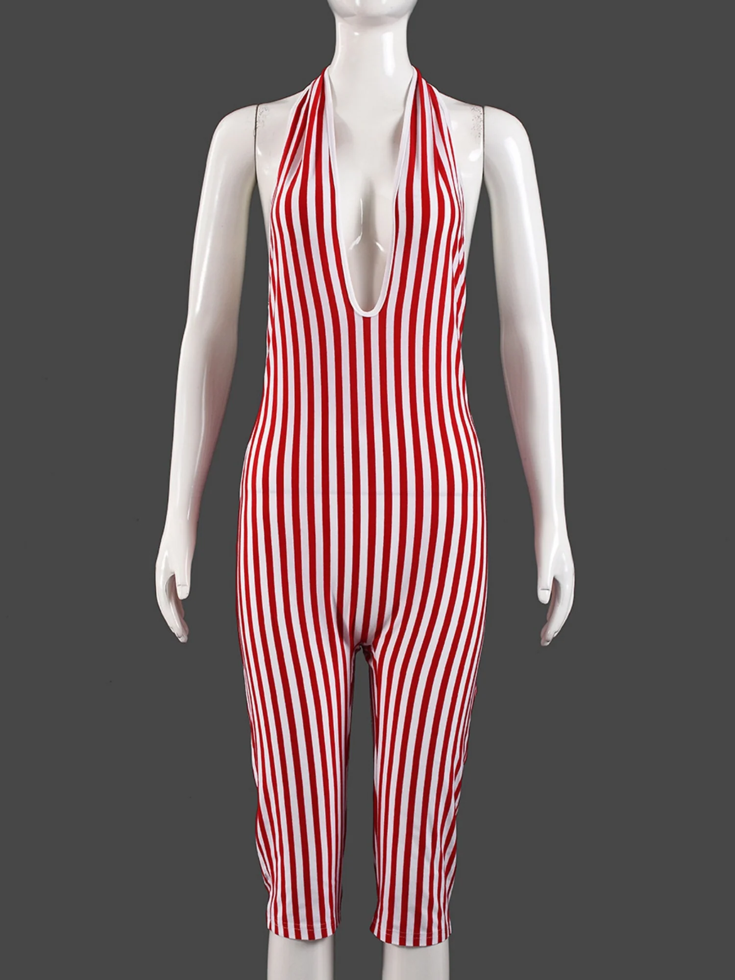 Striped Color Blocking Deep V-neck Backless Strappy Jumpsuits - Image 5