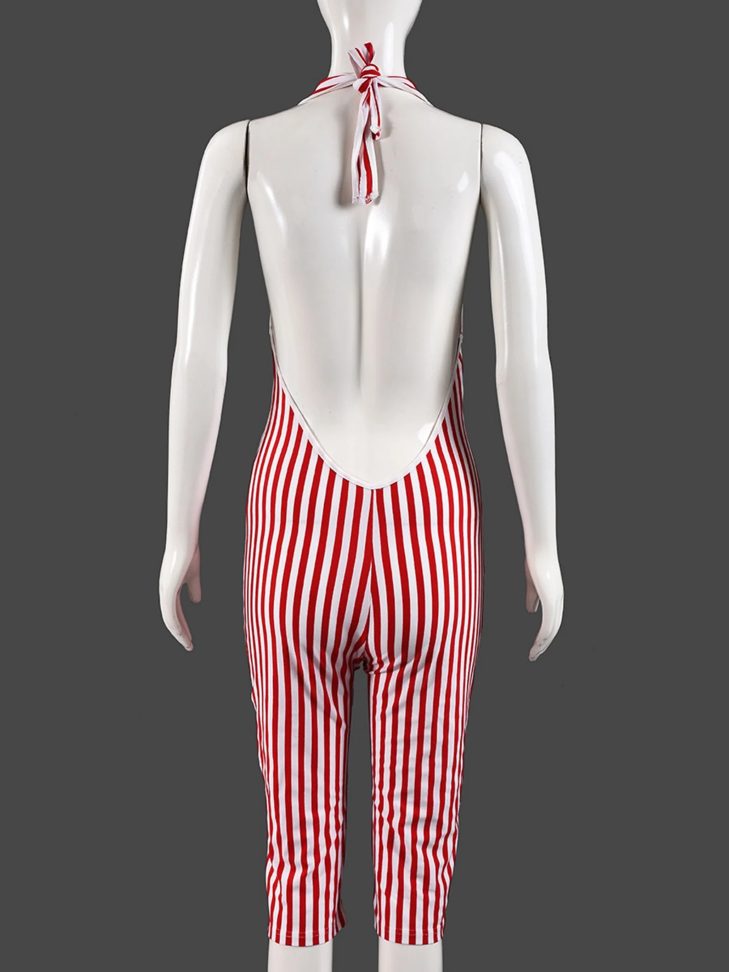 Striped Color Blocking Deep V-neck Backless Strappy Jumpsuits - Image 6