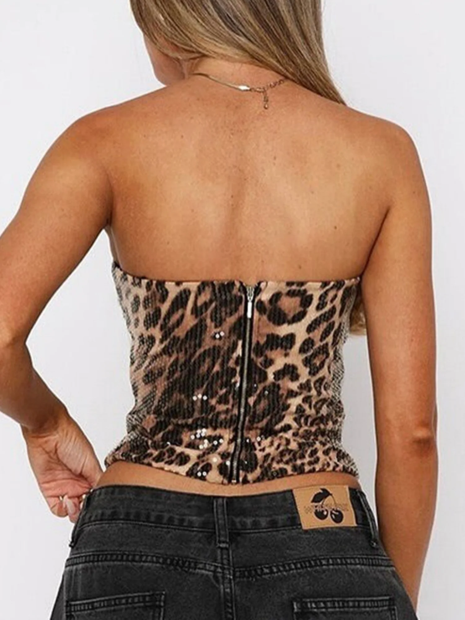 Sequined Leopard Print Elastic Bustier Zipper Bandeau - Image 2