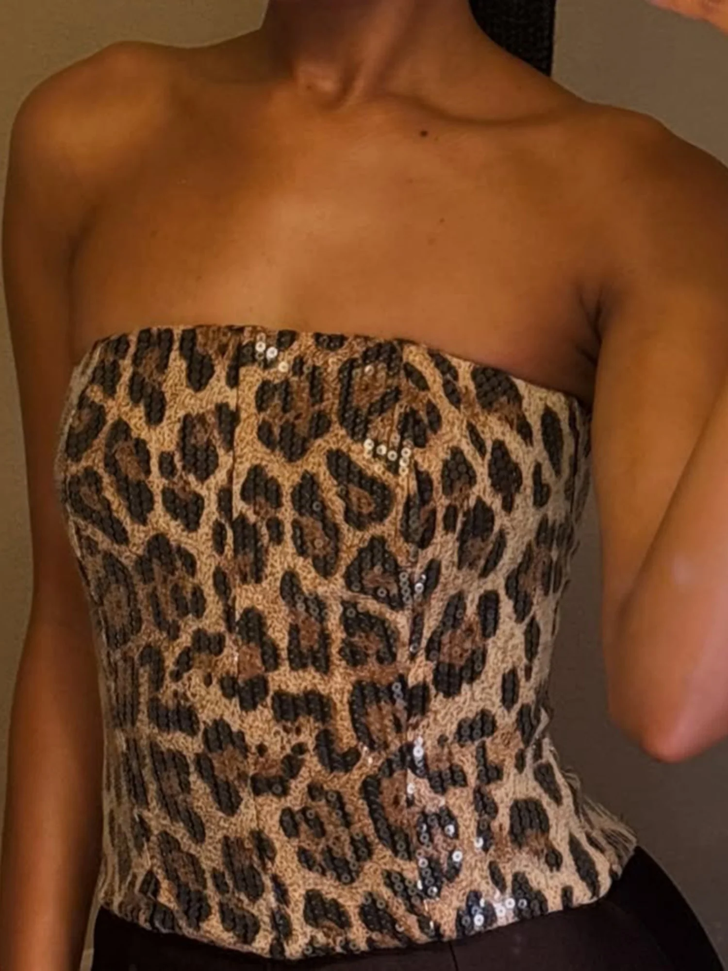 Sequined Leopard Print Elastic Bustier Zipper Bandeau - Image 3