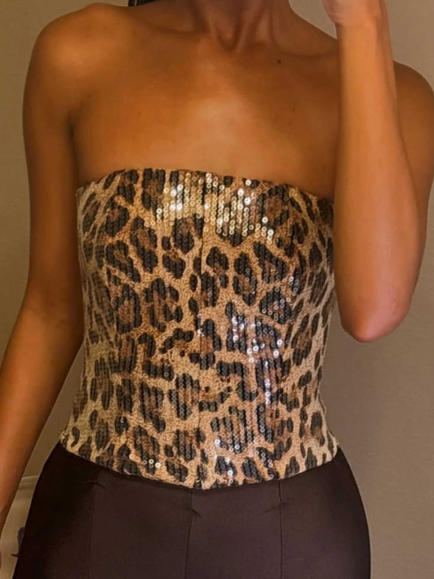 Sequined Leopard Print Elastic Bustier Zipper Bandeau - Image 4