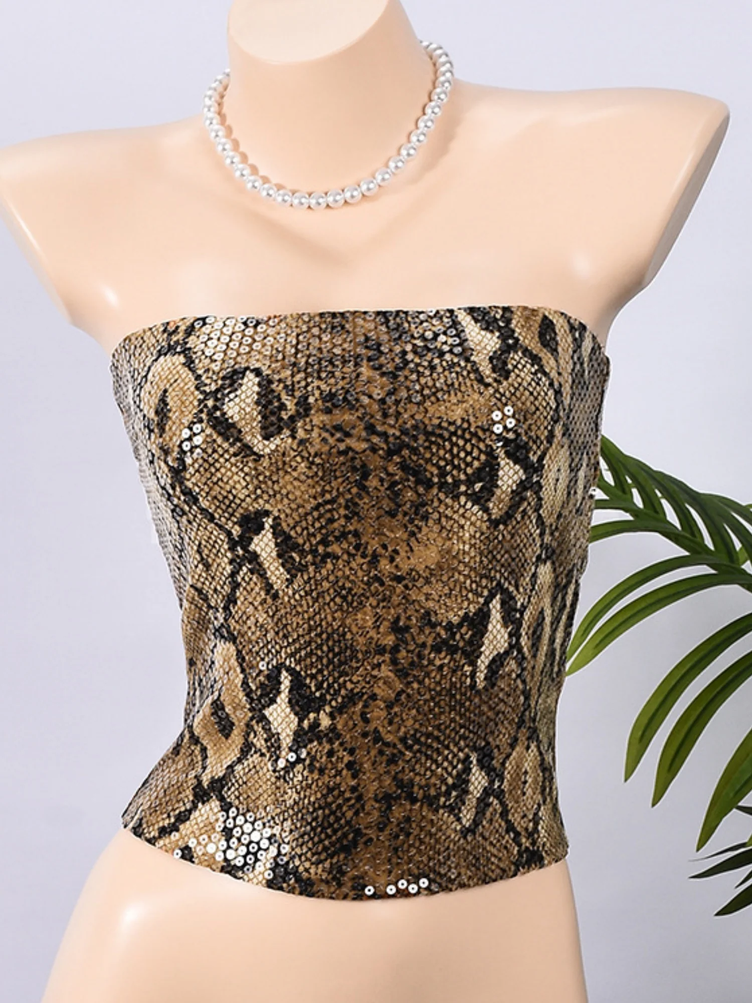 Sequined Leopard Print Elastic Bustier Zipper Bandeau - Image 7