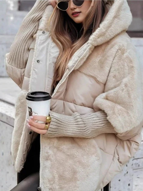 Loose-fitting Faux Fur Hoodie Quilting Knitted Cuff Cotton Jacket/down Jacket - Image 2