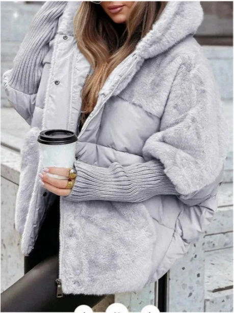 Loose-fitting Faux Fur Hoodie Quilting Knitted Cuff Cotton Jacket/down Jacket - Image 3