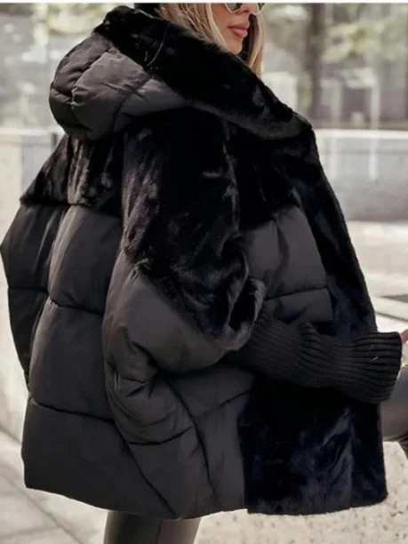 Loose-fitting Faux Fur Hoodie Quilting Knitted Cuff Cotton Jacket/down Jacket - Image 4