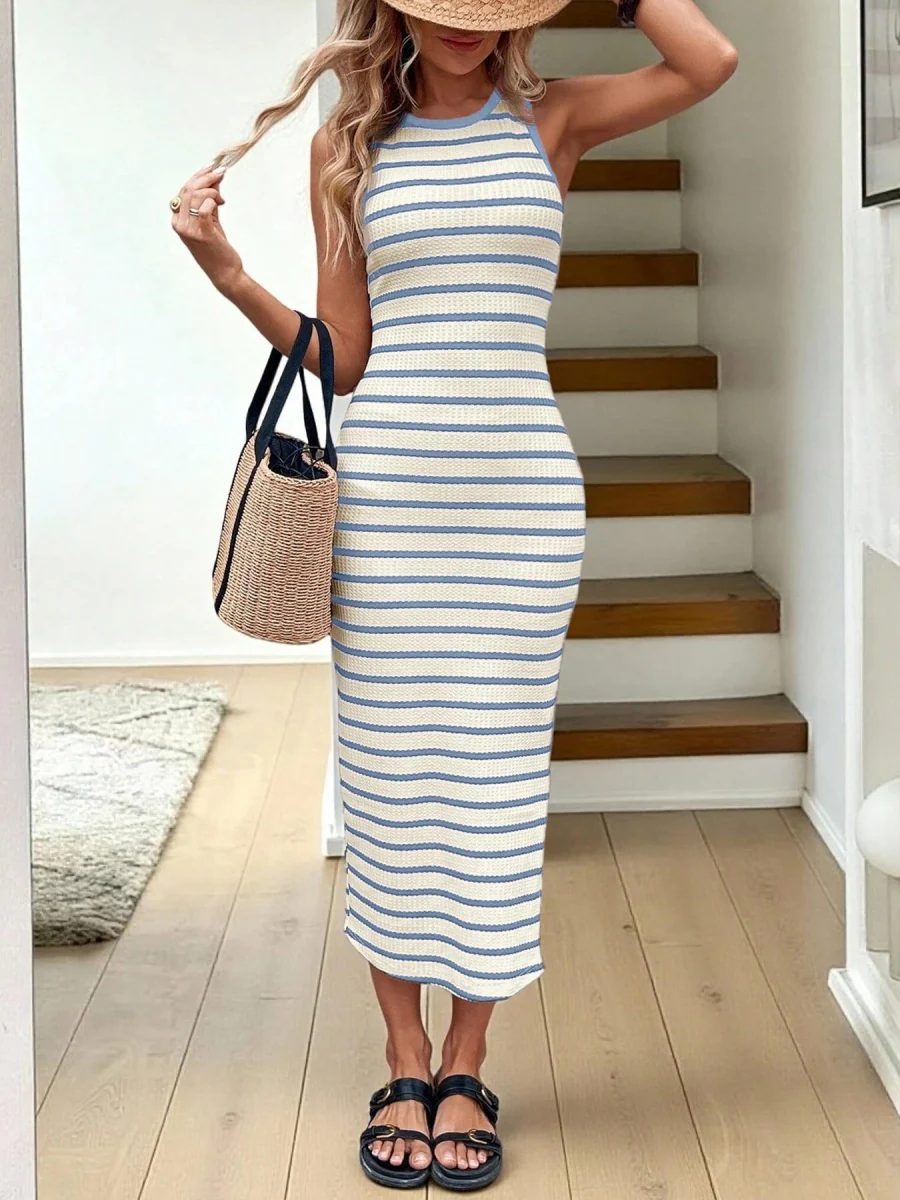 Stripes Crew Neck Maxi Dresses - Image 10