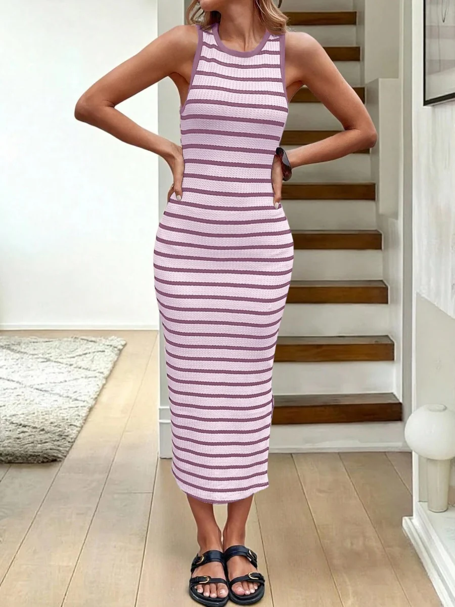Stripes Crew Neck Maxi Dresses - Image 19