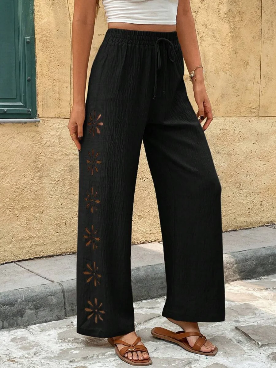 Minimalist Style Drawstring Hollow-out Solid Color Loose Wide-leg Trousers - Image 11