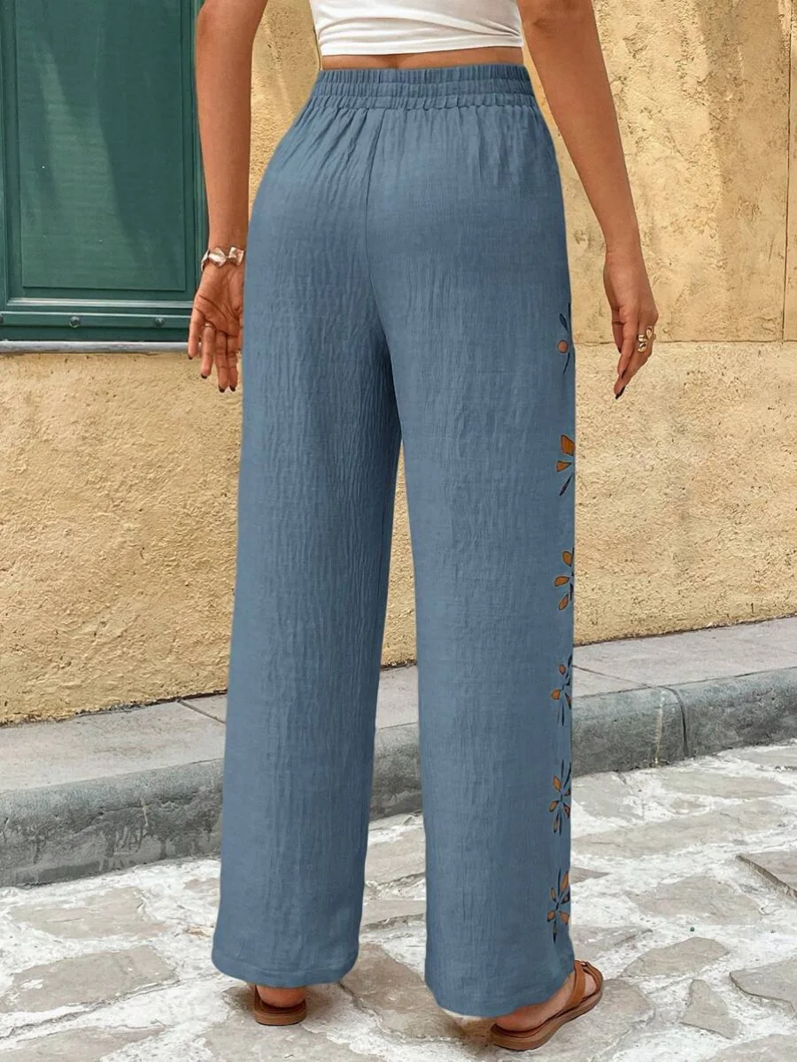 Minimalist Style Drawstring Hollow-out Solid Color Loose Wide-leg Trousers - Image 16