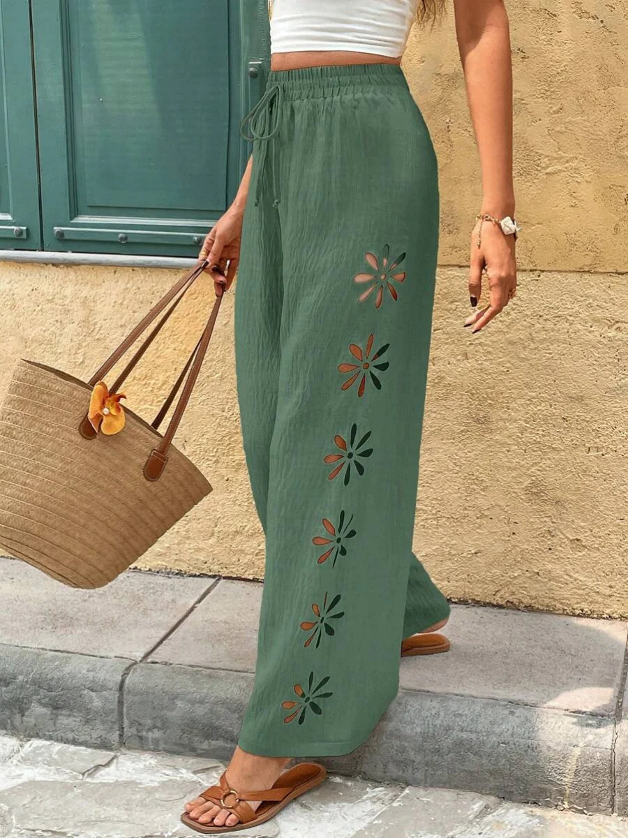 Minimalist Style Drawstring Hollow-out Solid Color Loose Wide-leg Trousers - Image 19